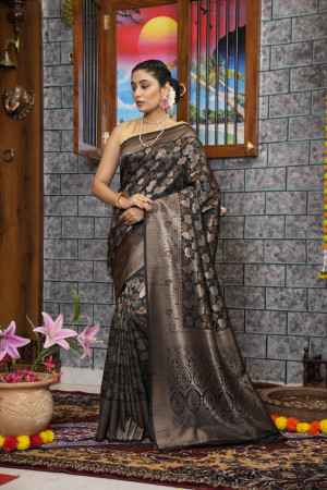 Buy Handy Trendy Woven Kanjivaram Pure Silk Black Sarees Online @ Best  Price In India | Flipkart.com