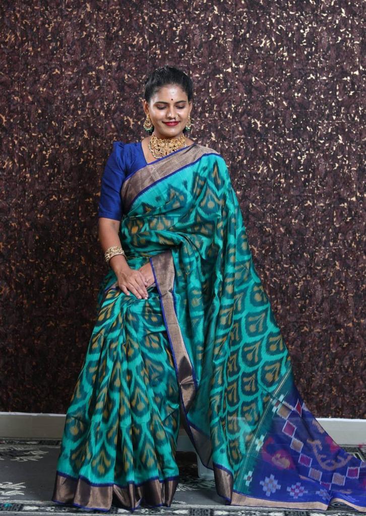 Ikat Printed Art Silk Saree in Teal Blue : SVF135