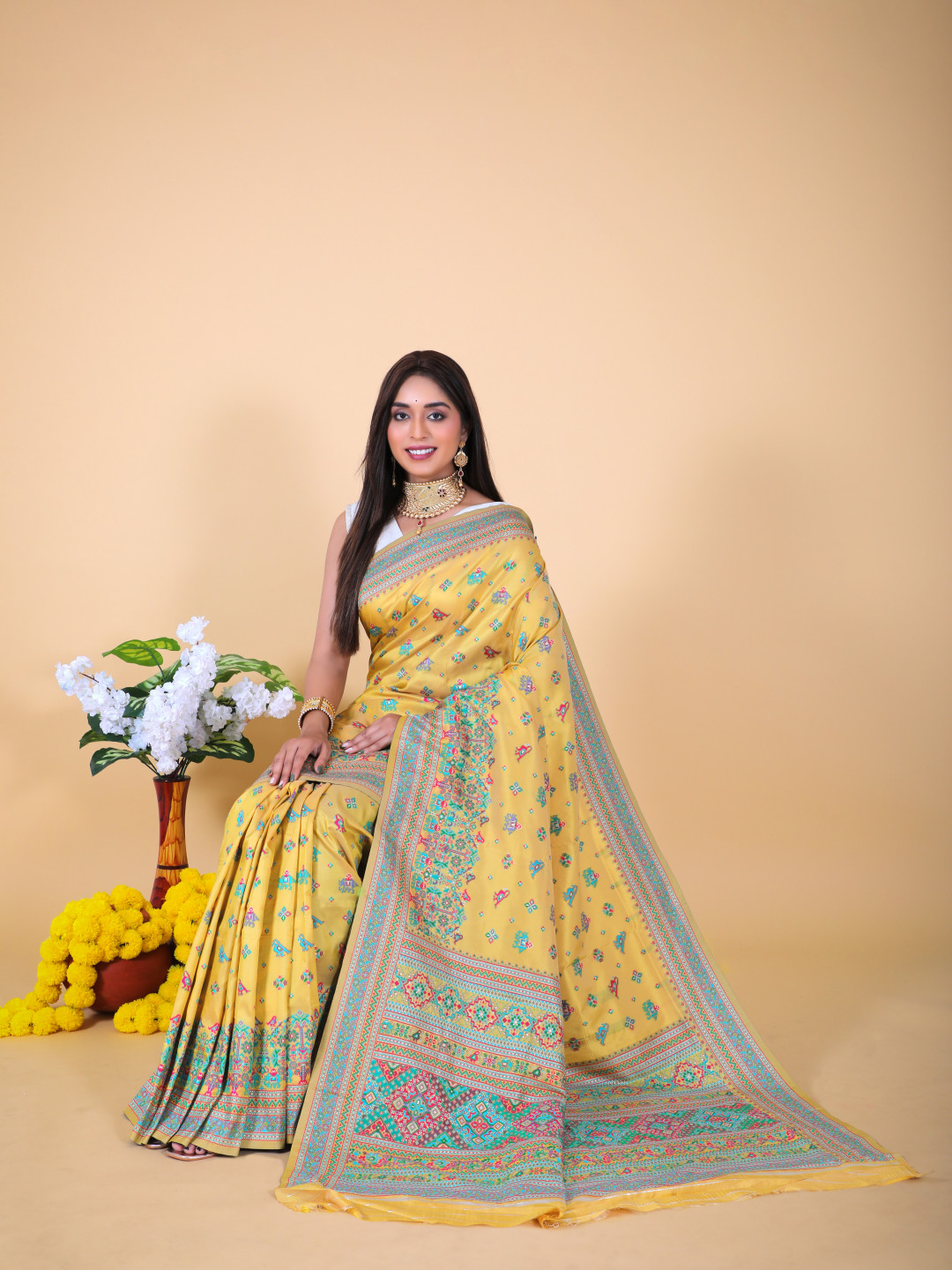 Yellow Meenakari Uppada Katan Silk Handloom Banarasi Saree - Sacred Weaves