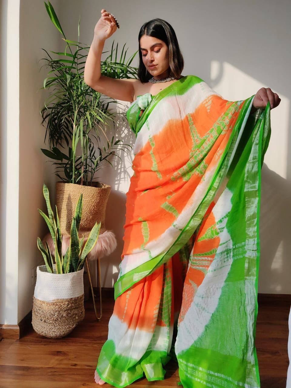 Mikado green cheap linen sarees online with yellow printed blouse | Kiran's  Boutique