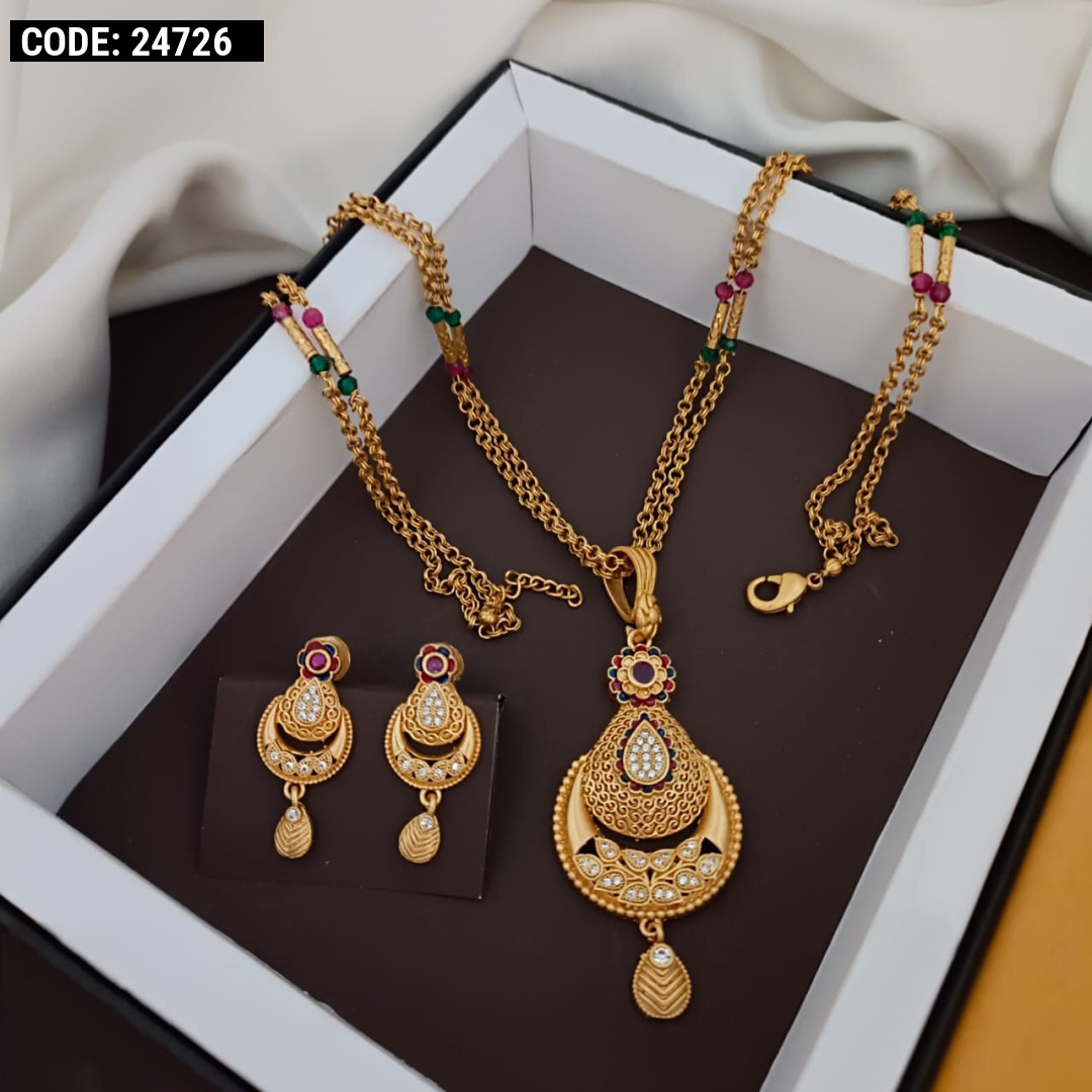 Buy Jfl - Jewellery For Less Traditional 1Gram Gold Plated Fancy Floral  Temple Design Pendant Set With Stud Earring And Golden Chain For Women (Set  Of 3) Online at Best Prices in