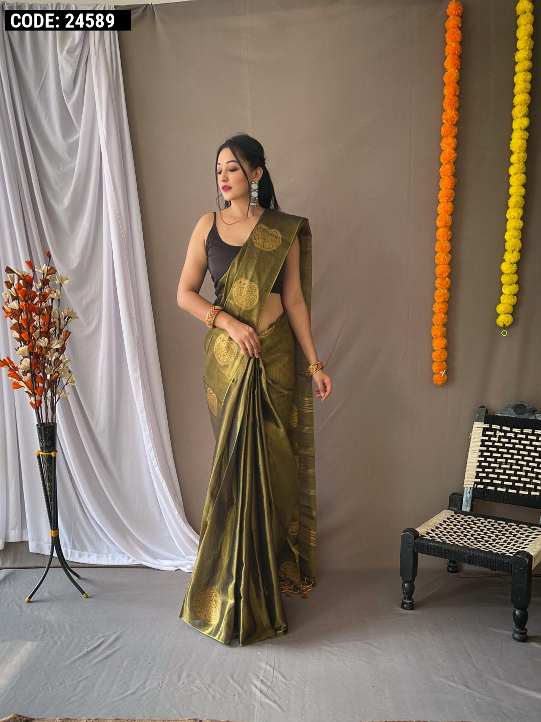 A pure tissue silk saree with gold zari multi-colored weaving - dvz0003598