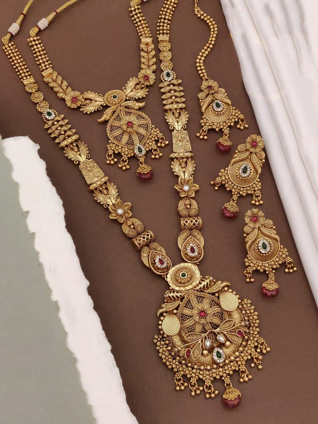 Brass Golden Rajwadi Long Chain Necklace Set