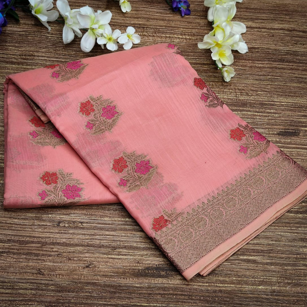 Pink Color Linen Cotton Saree With Zari Weaving Border