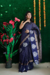 Navy blue color soft linen silk saree with zari work