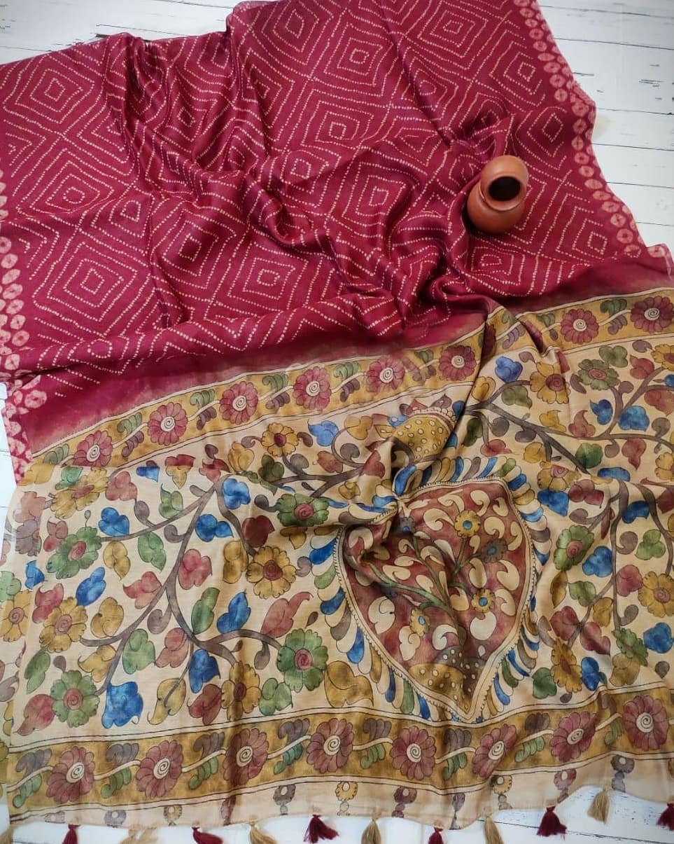 Red color soft linen saree with traditional print work