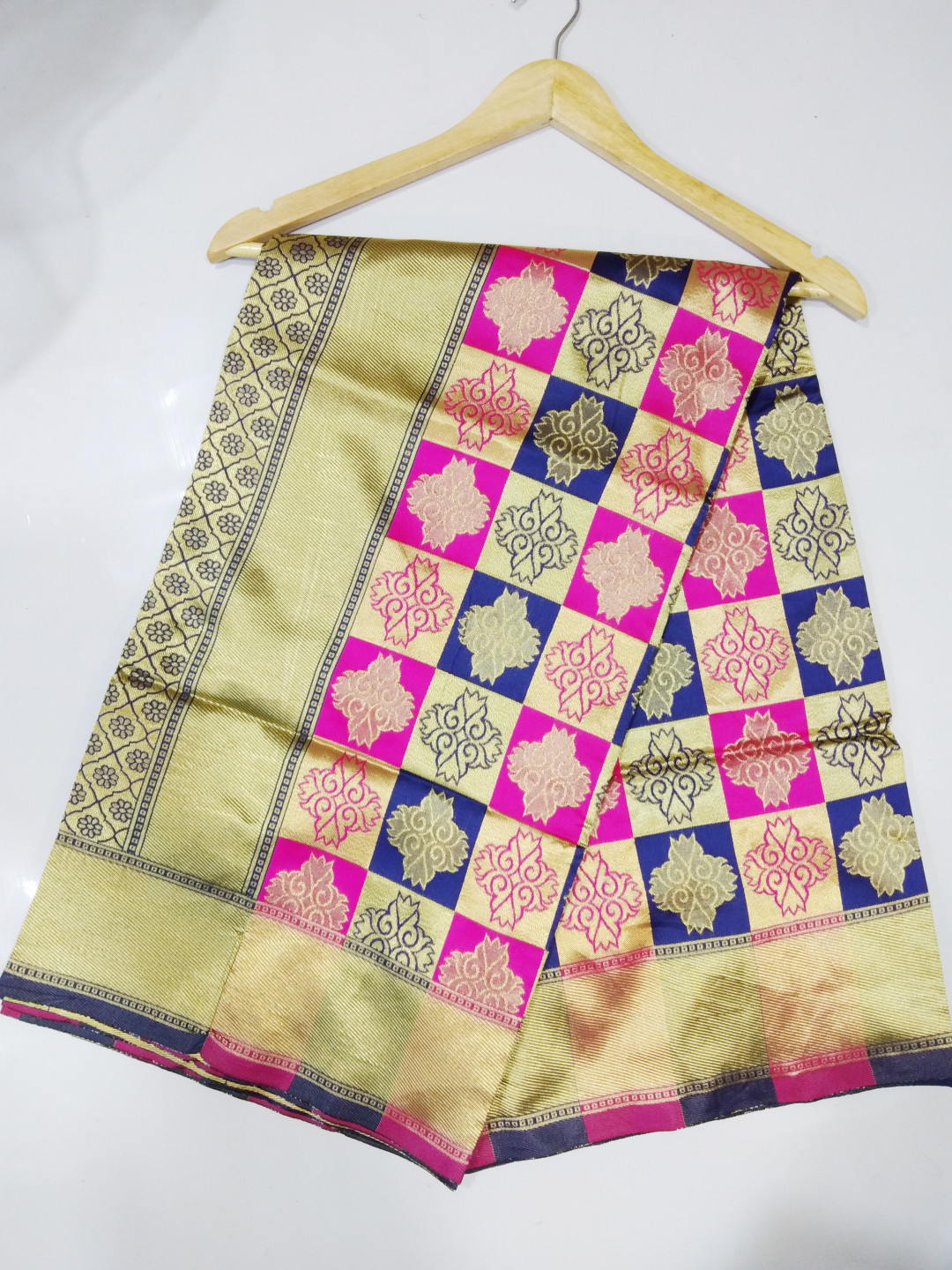 Blue and pink color soft banarasi silk saree