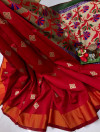 Red color soft cotton silk saree with zari woven work