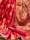 Pink and gajari color soft banarasi silk saree with zari woven border