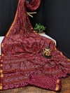 Maroon color soft bandhani silk saree with khadi printed work