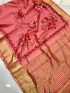 Peach color soft assam silk saree with golden zari weaving work