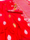 Red color soft banarasi silk saree with silver zari work
