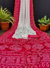 Red color soft bandhani silk saree with khadi printed work