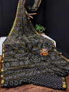 Black color soft bandhani silk saree with khadi printed work