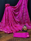 Rani pink color soft bandhani silk saree with khadi printed work