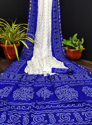 Blue color soft bandhani silk saree with khadi printed work