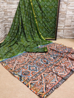Green color soft bandhej silk saree with printed work