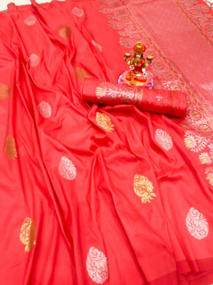 Gajari color soft banarasi silk saree with silver zari work
