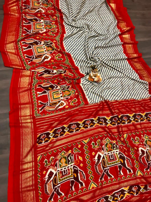 Red color pashmina silk saree with patola design