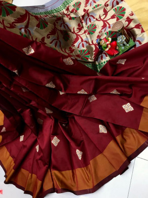 Maroon color soft cotton silk saree with zari woven work