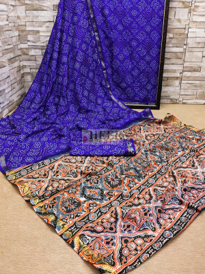 Royal blue color soft bandhej silk saree with printed work