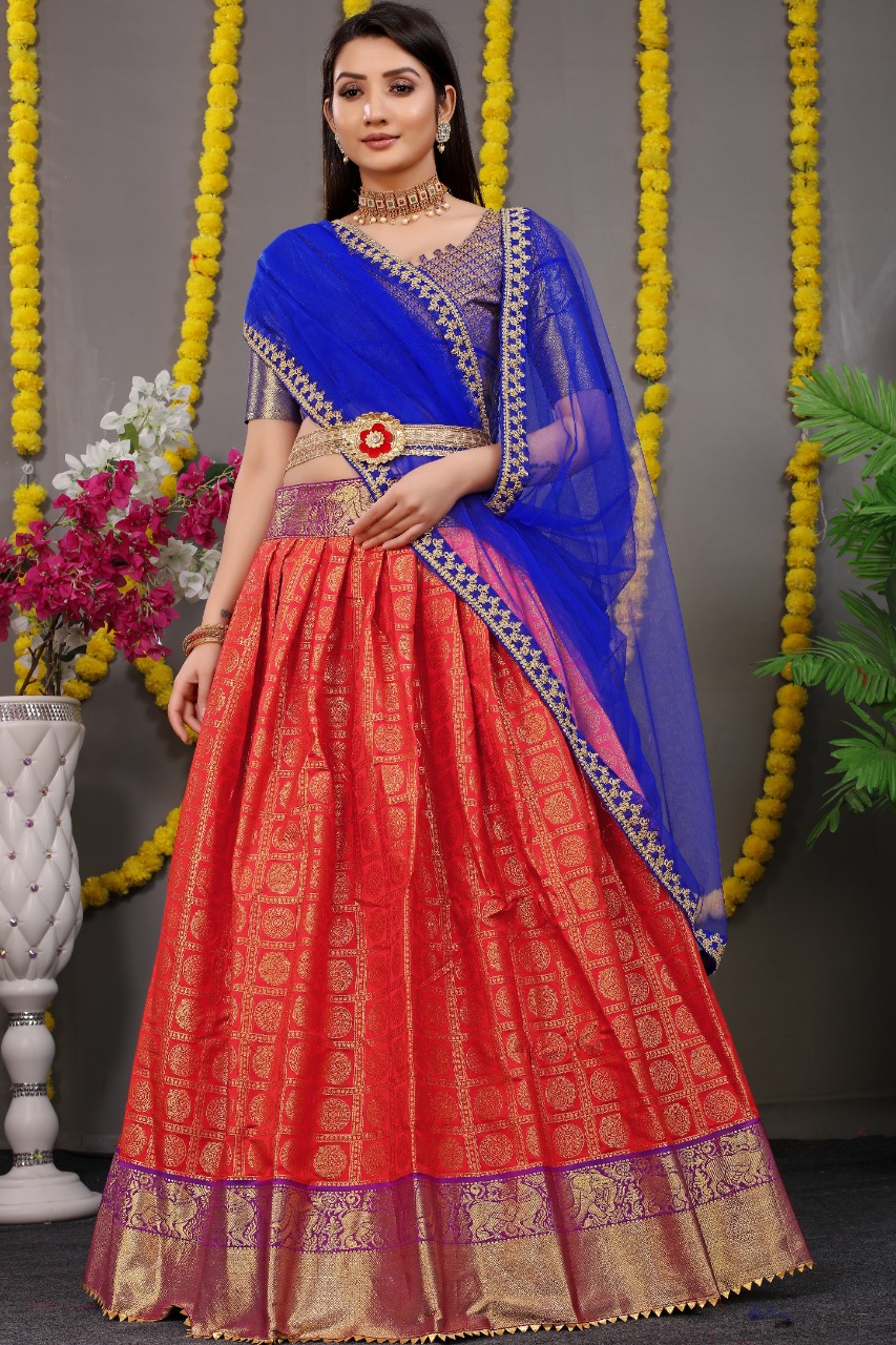 Sky Blue Kanjivaram Silk Half Saree Lehenga Choli With Blouse and Dupatta  South Indian Wedding Lehenga in USA, UK, Malaysia, South Africa, Dubai,  Singapore