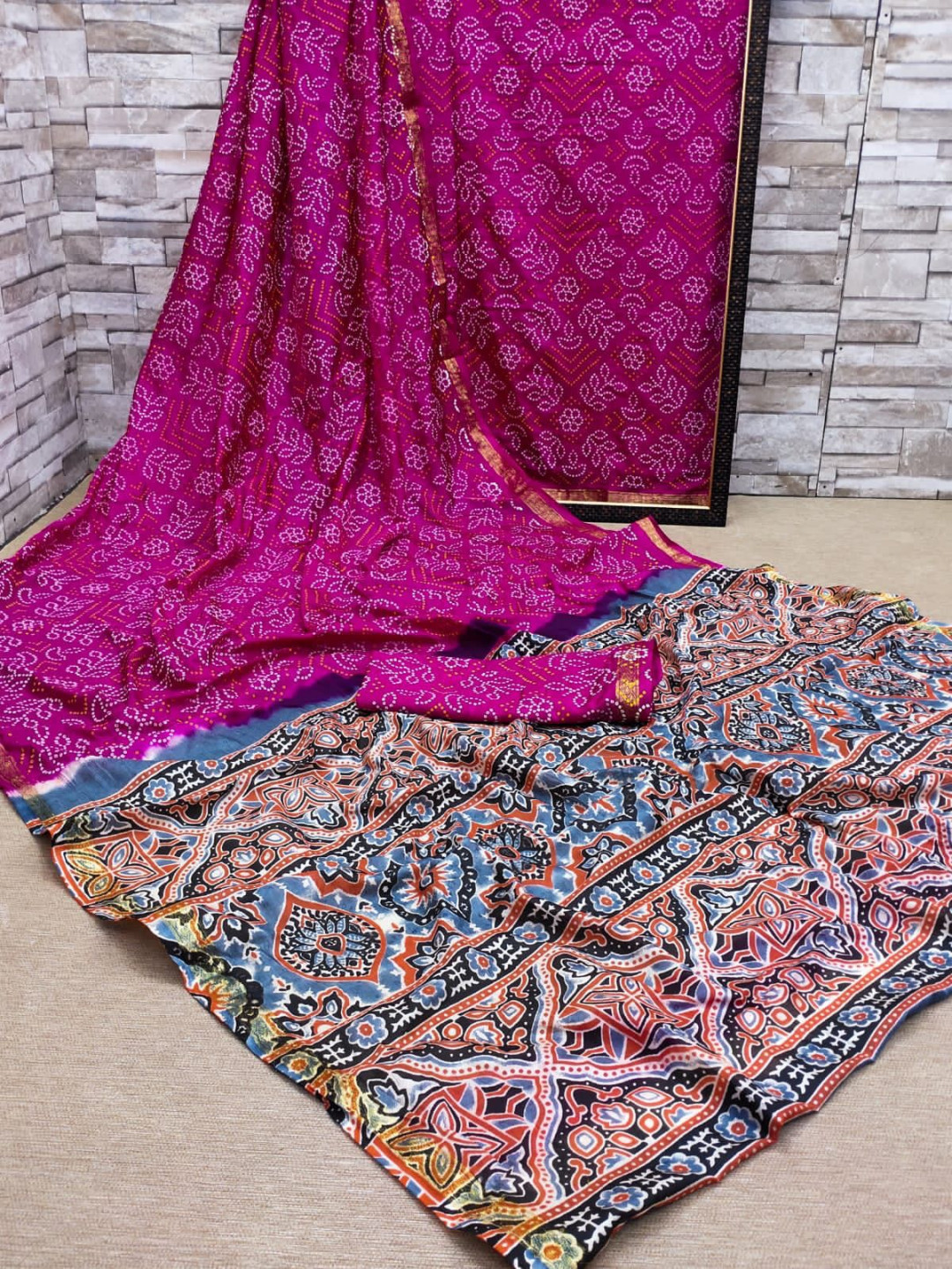 Rani pink color soft bandhej silk saree with printed work