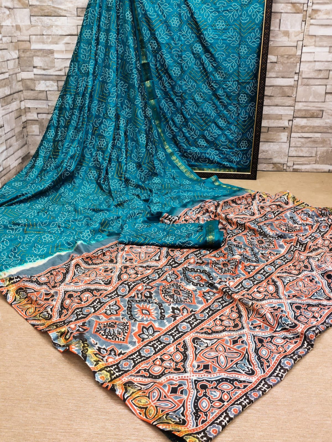 Rama green color soft bandhej silk saree with printed work