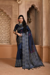 Navy blue color handloom raw silk saree with woven design