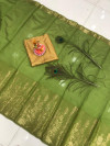 Mahendi green color soft assam silk saree with zari weaving work