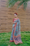 Sky blue color soft cotton saree with kalamkari printed work