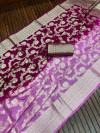 Magenta and lavender color soft organza silk saree with zari weaving work