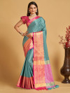 Sky blue color lichi silk saree with zari weaving work