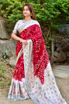 Red and white color soft hand bandhej silk saree with zari weaving work