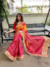 Red color dola silk saree with printed and sequence work