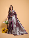 Maroon color lichi silk saree with zari weaving work