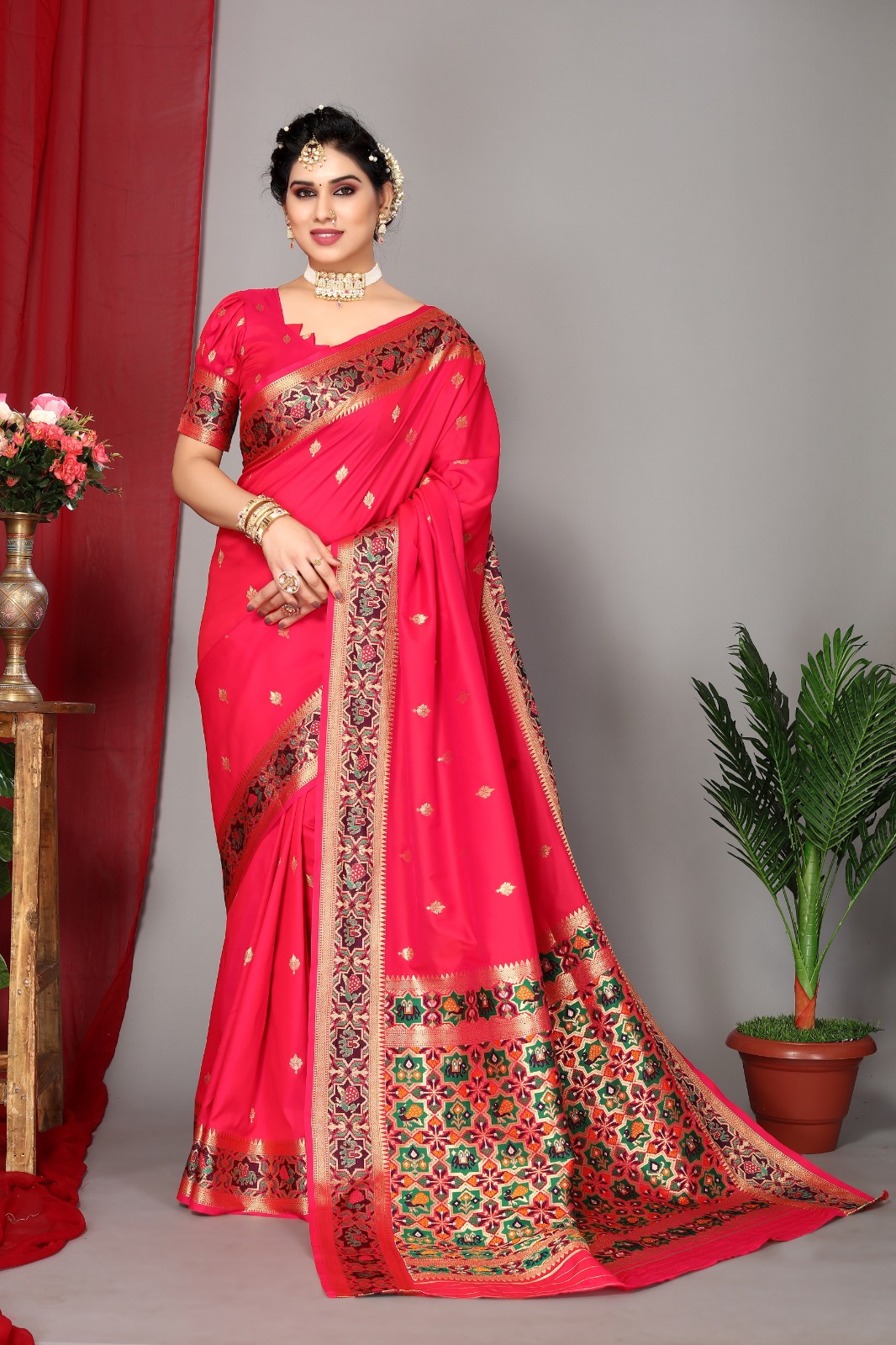 Red color banarasi silk saree with zari weaving work