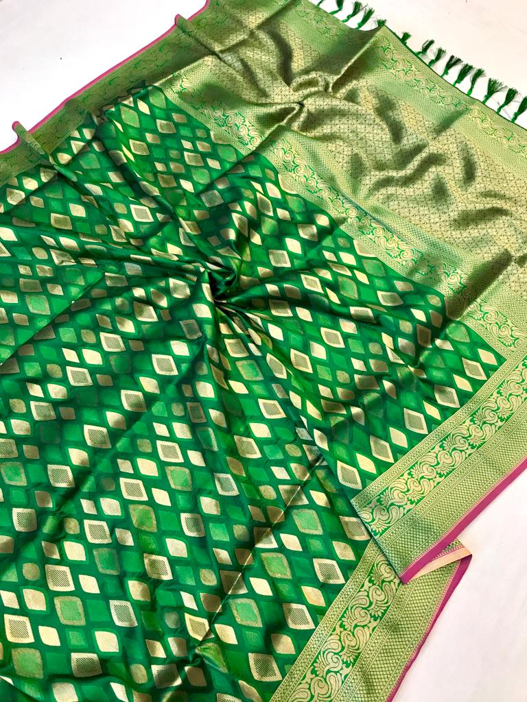 Green color banarasi silk saree with zari weaving work