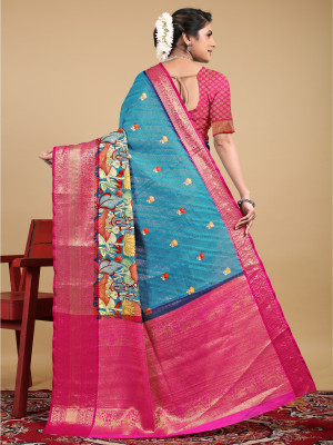 Blue color kanchipuram silk saree with digital printed work