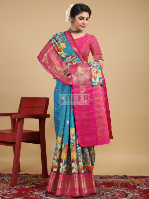 Blue color kanchipuram silk saree with digital printed work