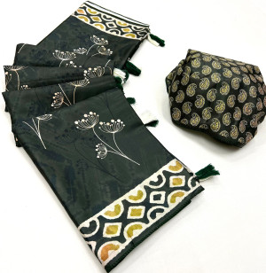 Bottle green color dola silk saree with batik printed work