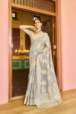 Aquamarine Cotton Chikankari Festive-Wear Lakhnavi Saree