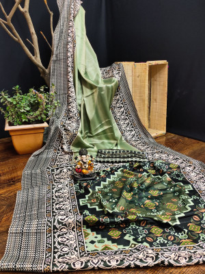 Pista green color muslin silk saree with digital printed work