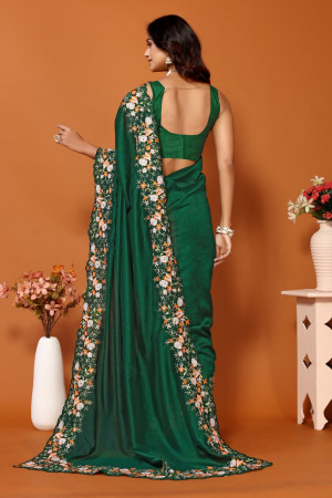 Green color vichitra silk saree with embroidery work