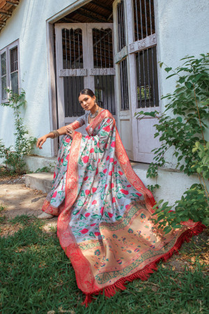 Gray color paithani silk saree with digital printed work
