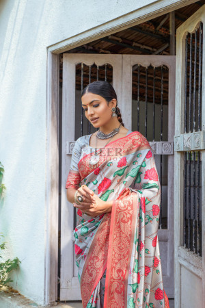 Gray color paithani silk saree with digital printed work
