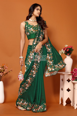 Green color vichitra silk saree with embroidery work