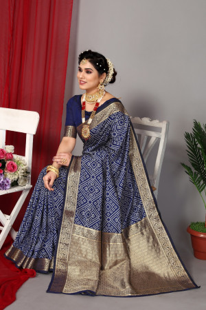 Navy blue color banarasi silk saree with zari weaving work