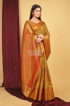 Pista green Kancheepuram printed silksaree with floral design,contrast  border of poun & veldhari strip & intricate pallu