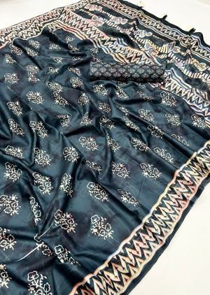 Rama green color dola silk saree with batik printed work